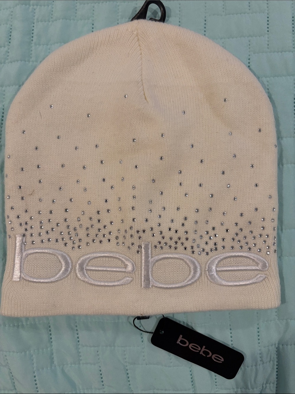 bebe Cream Beanie with Silver Rhinestones